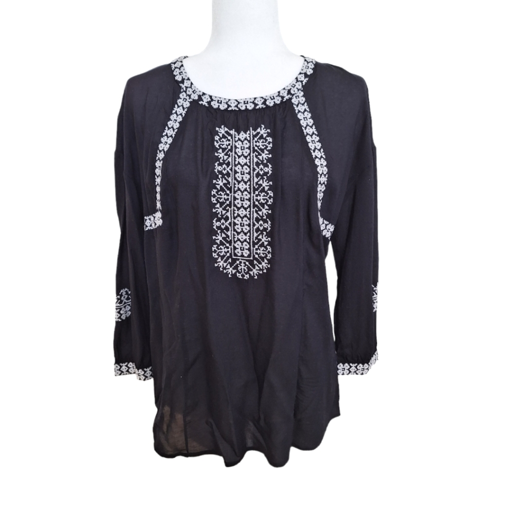 Lucky Brand Boho Black White Embroidered 3/4 Sleeve Peasant Rayon Top Blouse szM